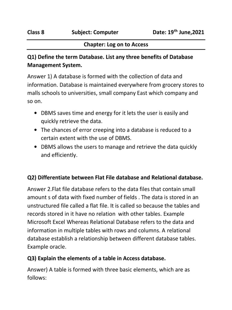 Class 8 Computer: Access Database Guide | PDF