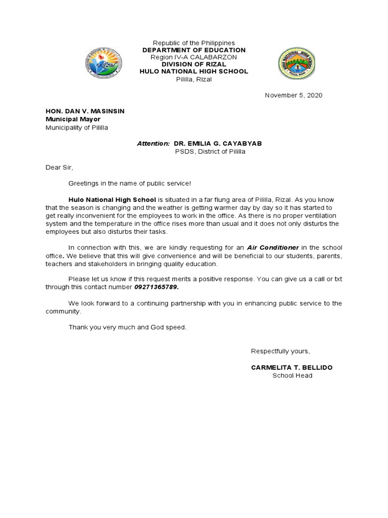 Request Letter For School Airconditioner PDF Human Nature Learning