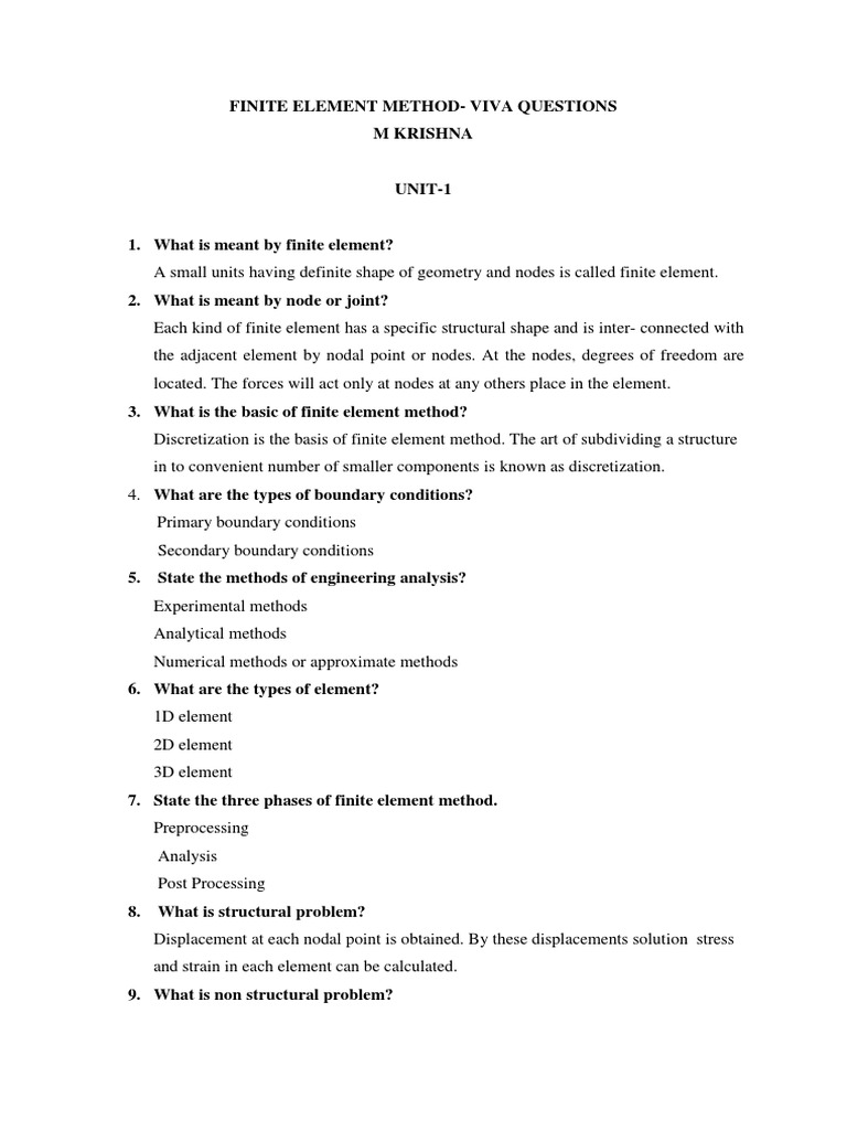 FEM Viva Questions and Answers | PDF | Finite Element Method | Stress ...