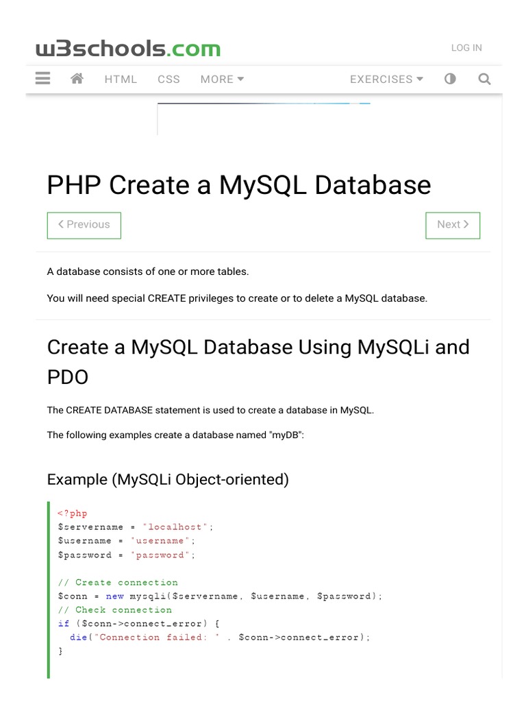 PHP MySQL Create Database | PDF | Computer Science | Databases