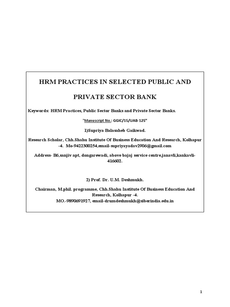 HRM Practices in Selected Public and Private Sector Bank: "Manuscript ...