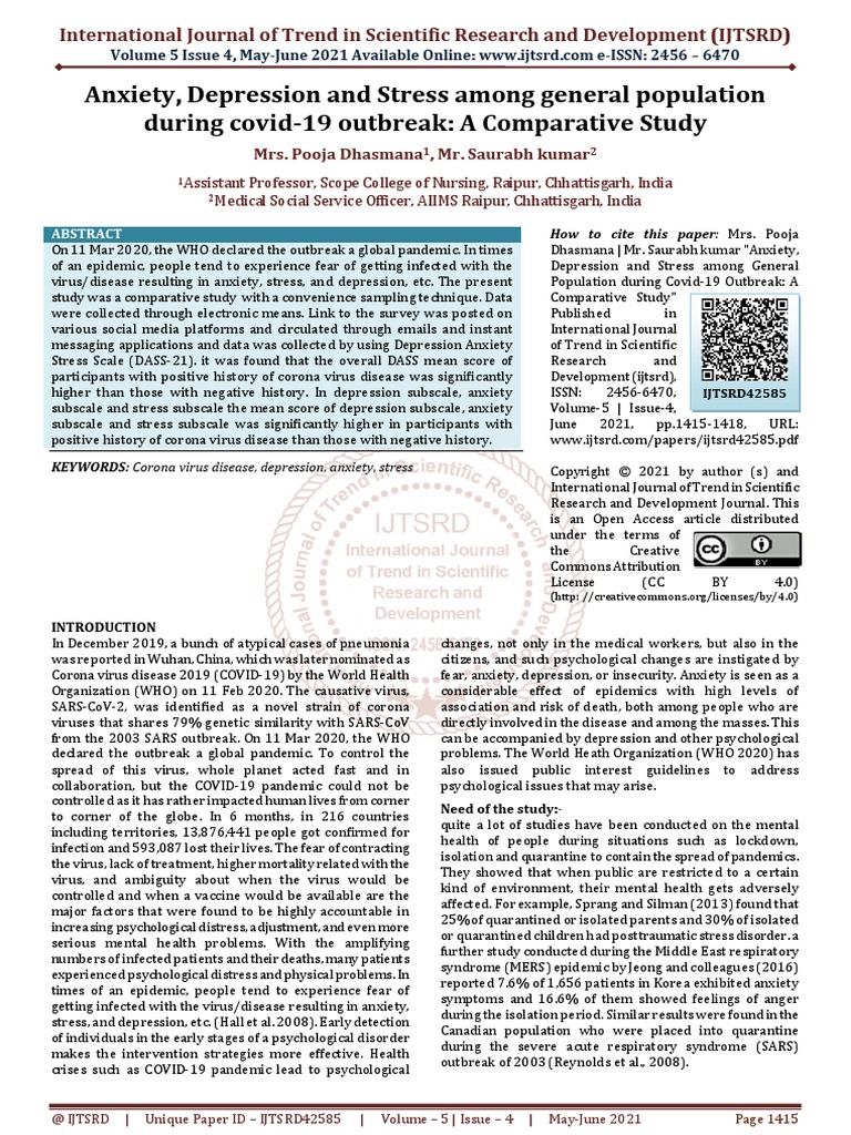 Anxiety, Depression and Stress Among General Population During Covid 19 ...