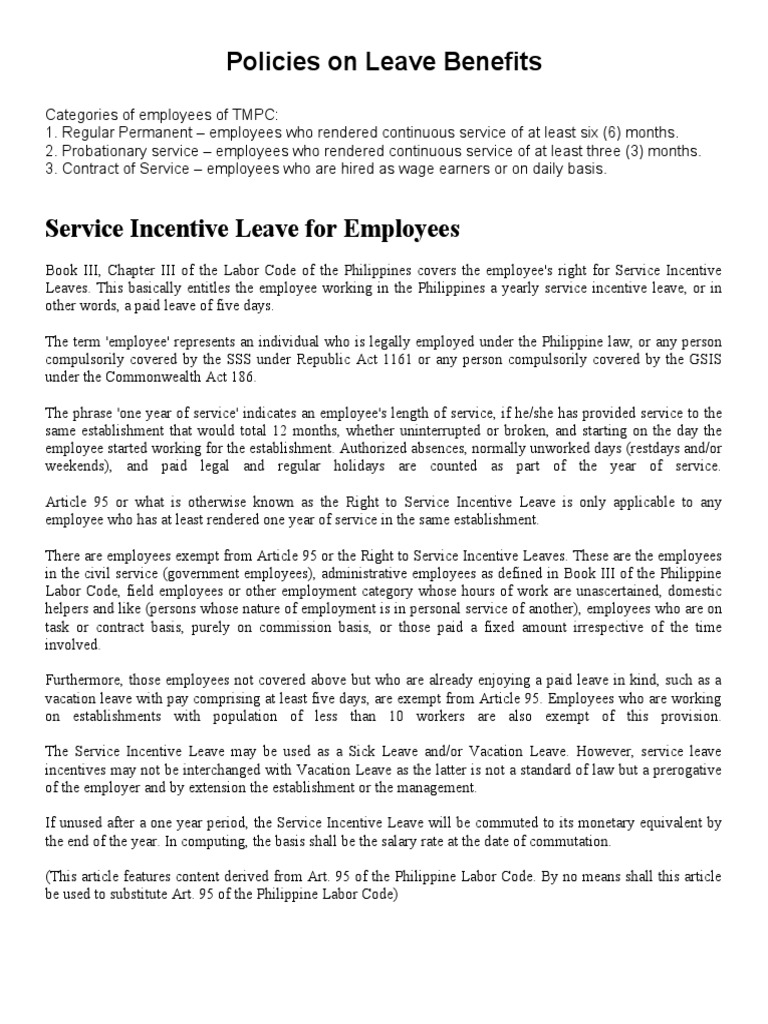Policies on Leave Benefits Sick Leave Parental Leave