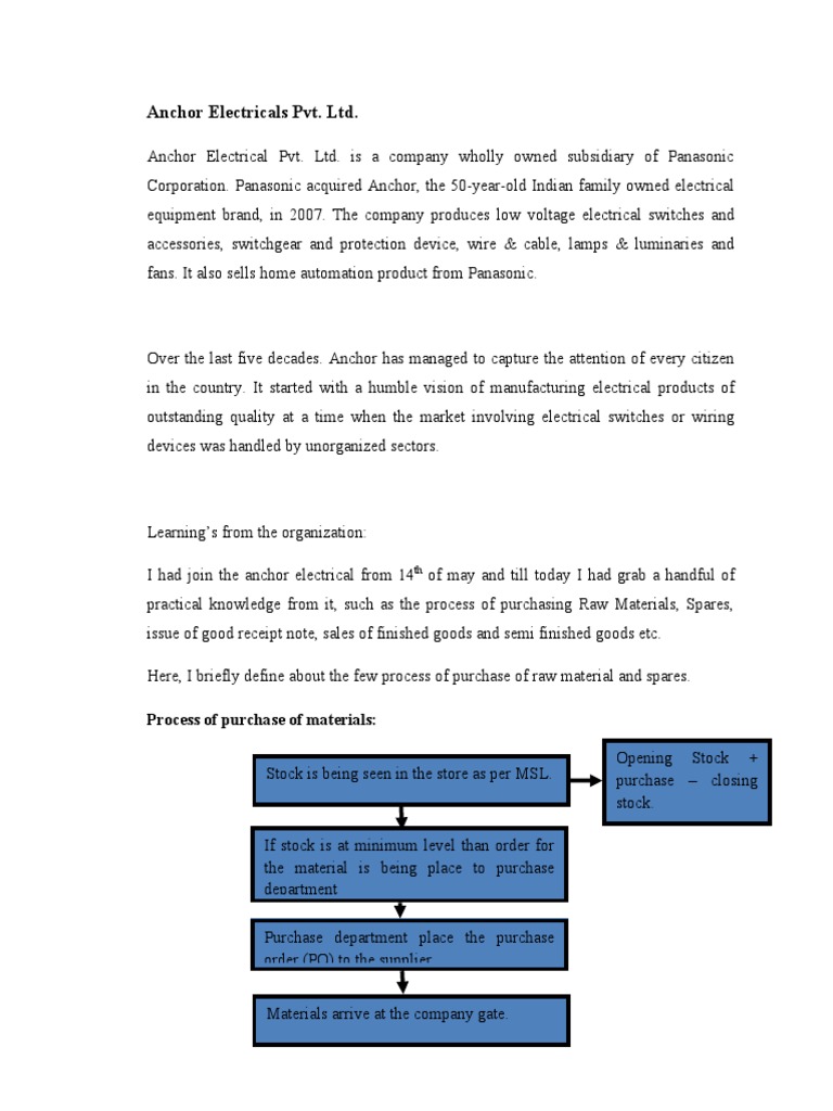 Anchor Electricals PVT Report PDF Invoice Business