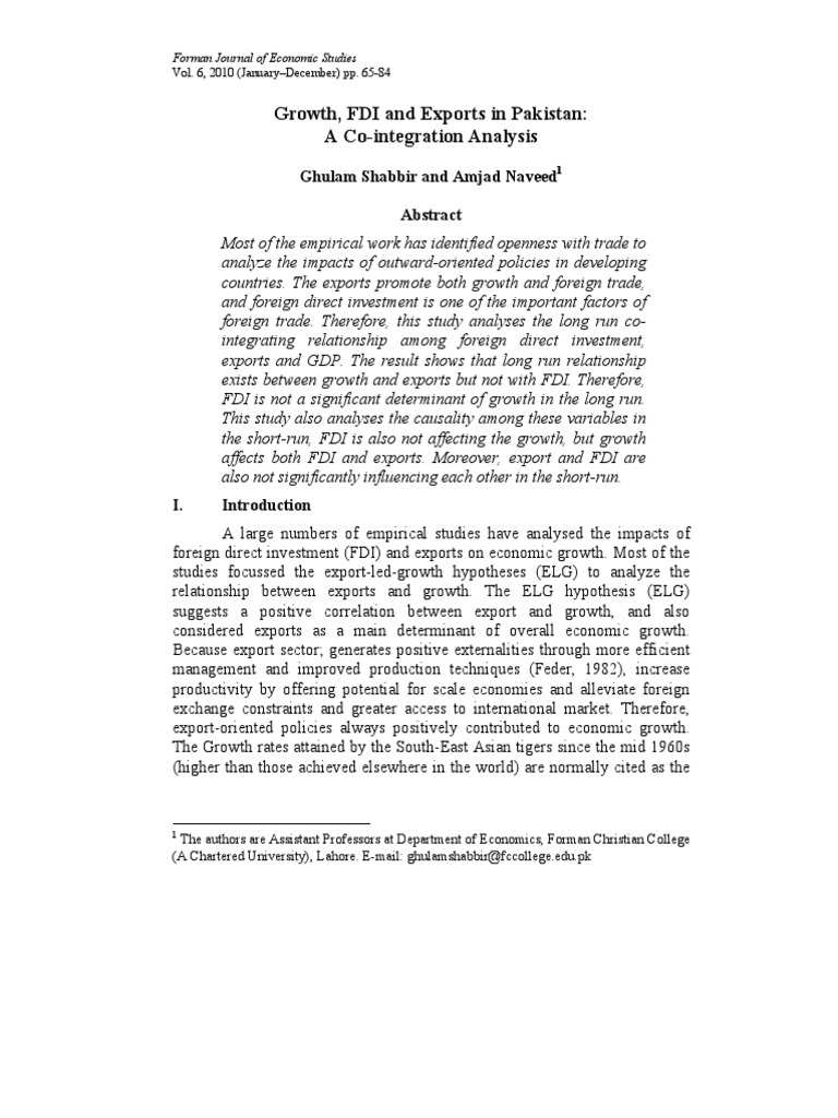 FDI, Exports, and Growth in Pakistan | PDF | Vector Autoregression ...