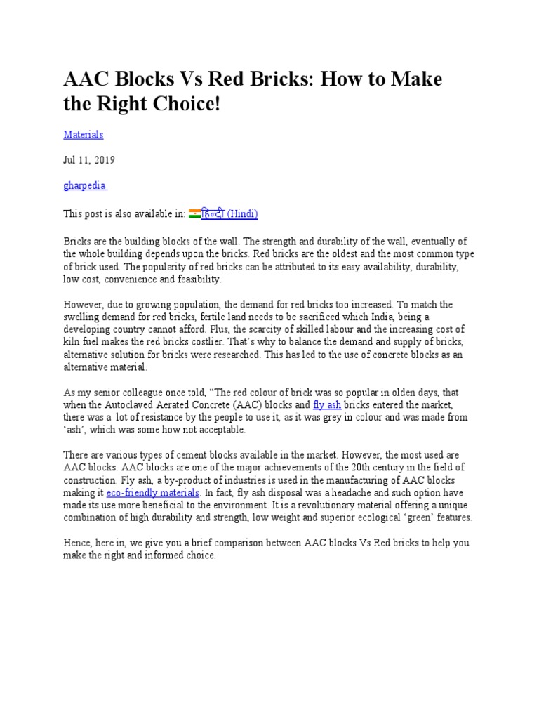 AAC Blocks Vs Red Bricks PDF Brick Masonry