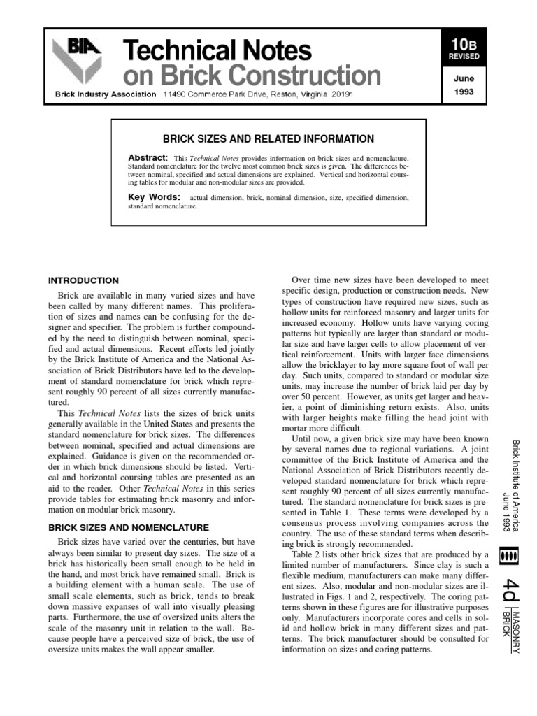 Standard Brick Sizes and Nomenclature | PDF | Brick | Engineering Tolerance