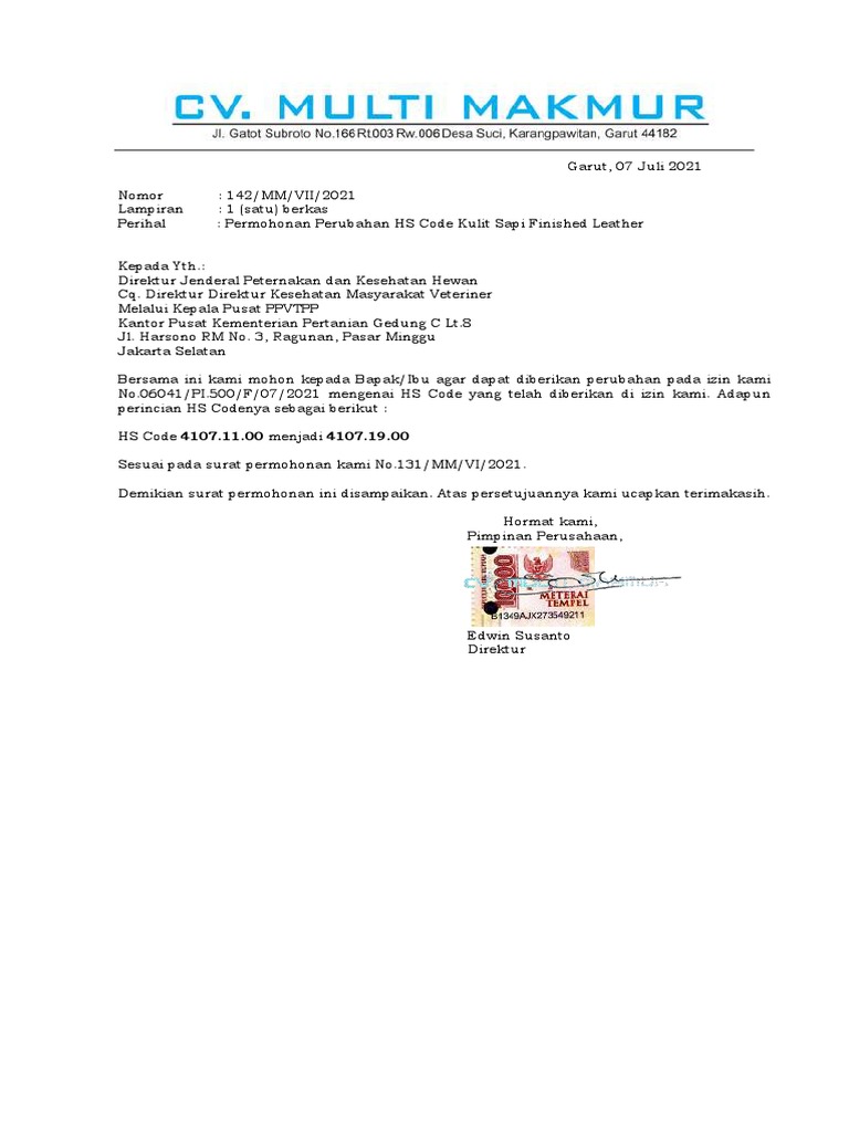 Permohonan Perubahan HS Code Kulit Sapi | PDF | Bisnis | Kesehatan Holistik