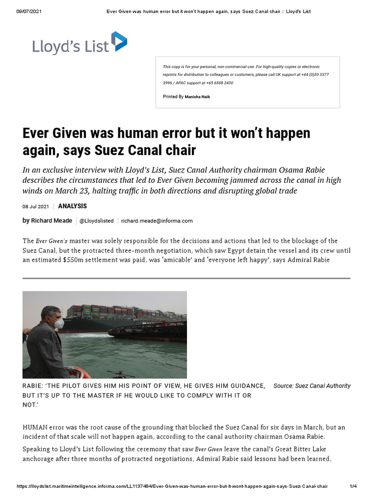 Maritime Professionals: Ever Given Insights | PDF | Suez Canal | Water ...