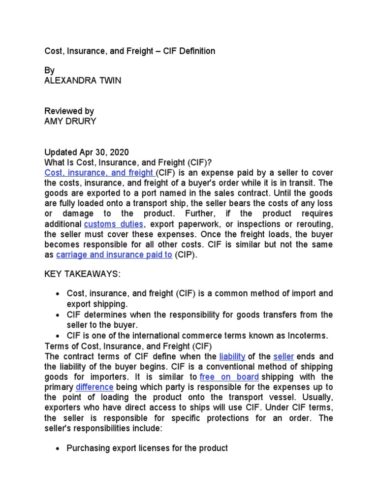 Cost, Insurance, and Freight CIF Definition by PDF Trade