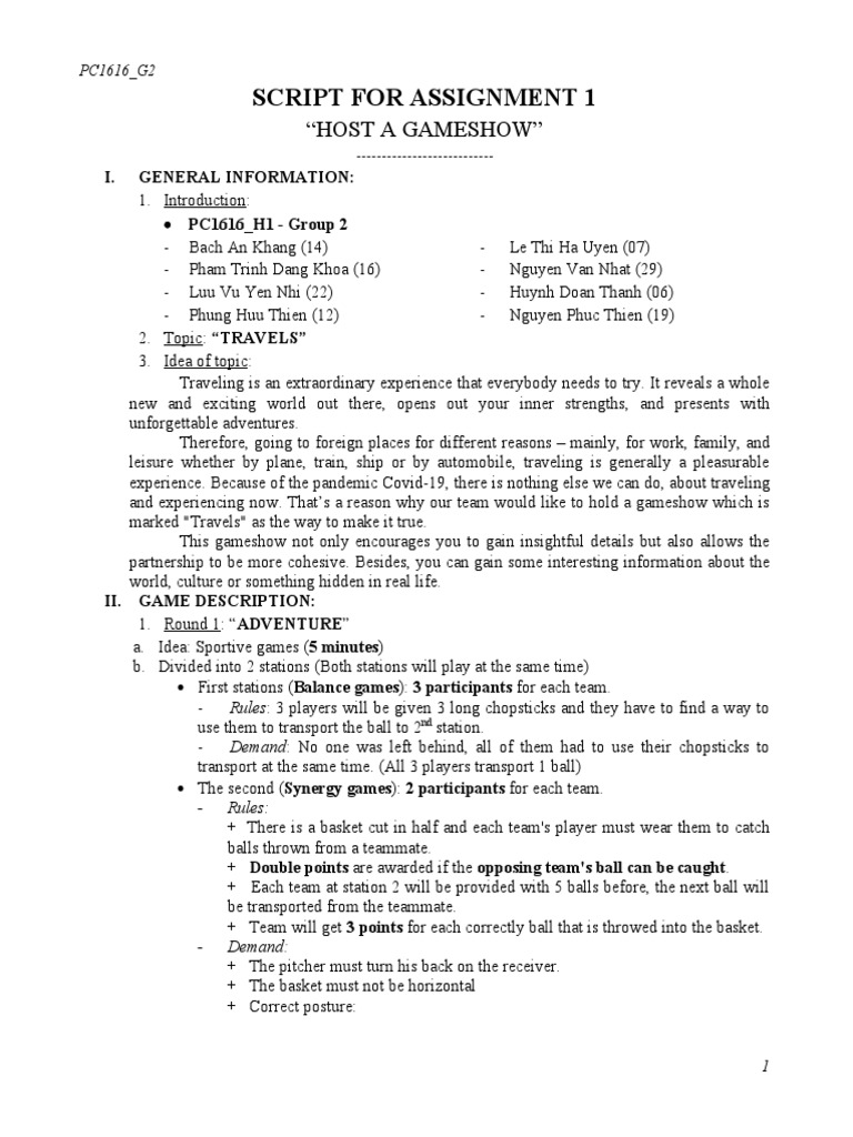 Script For Assignment 1: "Host A Gameshow" | PDF
