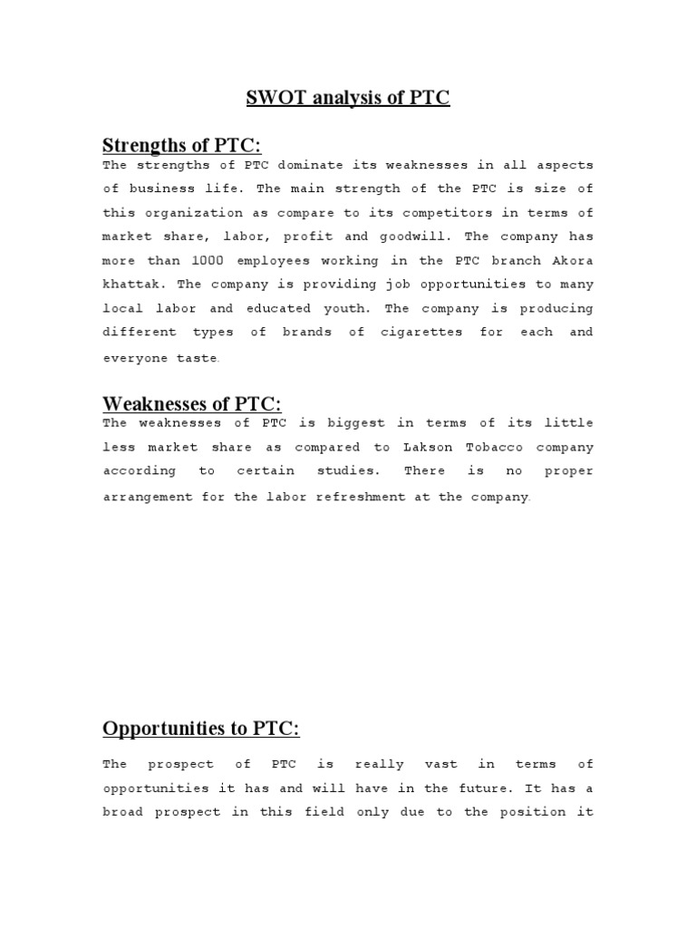 PTC SWOT Analysis: Strengths & Threats | PDF | Competition | Swot Analysis