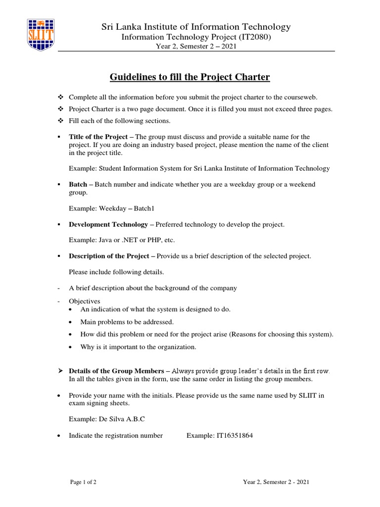 SLIIT IT Project Charter Guidelines | PDF | Information Technology ...