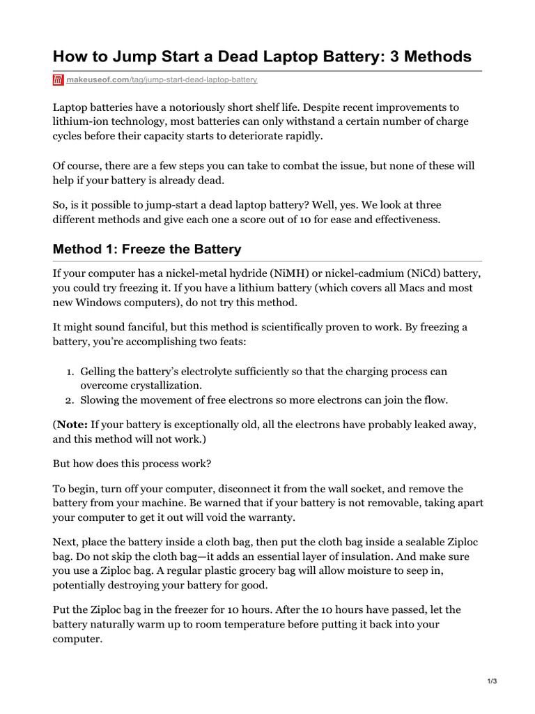 Jump Start A Dead Laptop Battery 3 Methods PDF Battery Charger Laptop