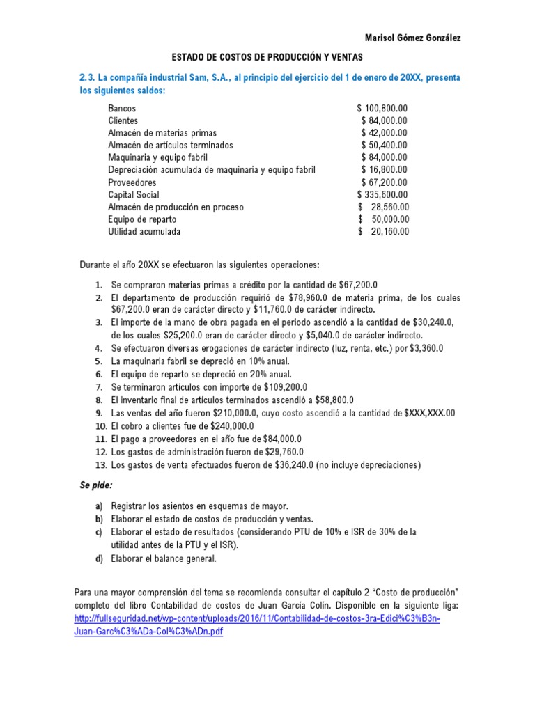 Ejercicio 2 3 Costo de Produccion | PDF | Costo | Estado de resultados