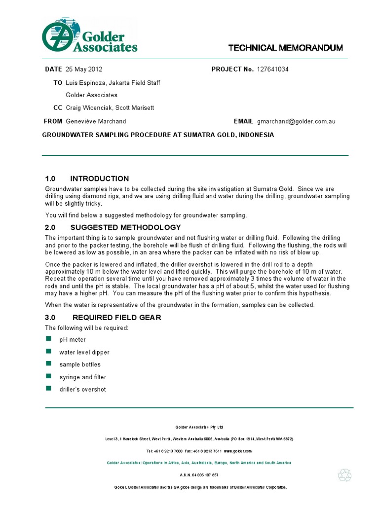 GW Sampling Procedure PDF Water Nature