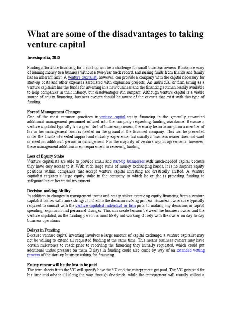 Venture Capital: Weighing the Drawbacks | PDF | Venture Capital | Corporate  Finance