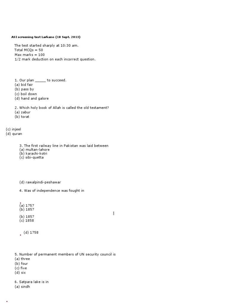 ASI Screening Test MCQs Overview | PDF | Pakistan | Asia