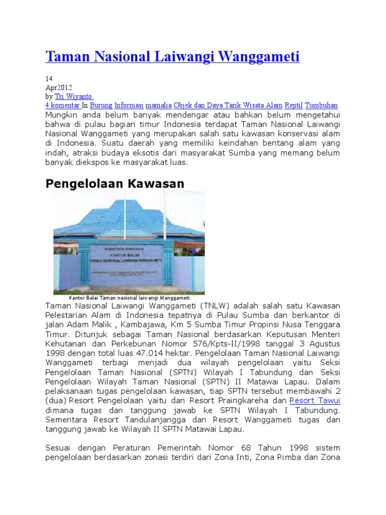 Taman Nasional Laiwangi Wanggameti Penge | PDF