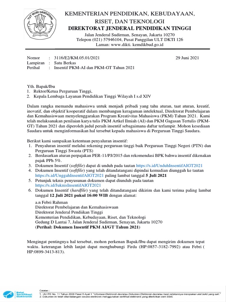 Insentif PKM-AI dan PKM-GT 2021 | PDF