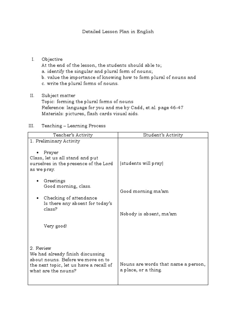 Lesson Plan: Singular and Plural Nouns | PDF | Plural | Noun