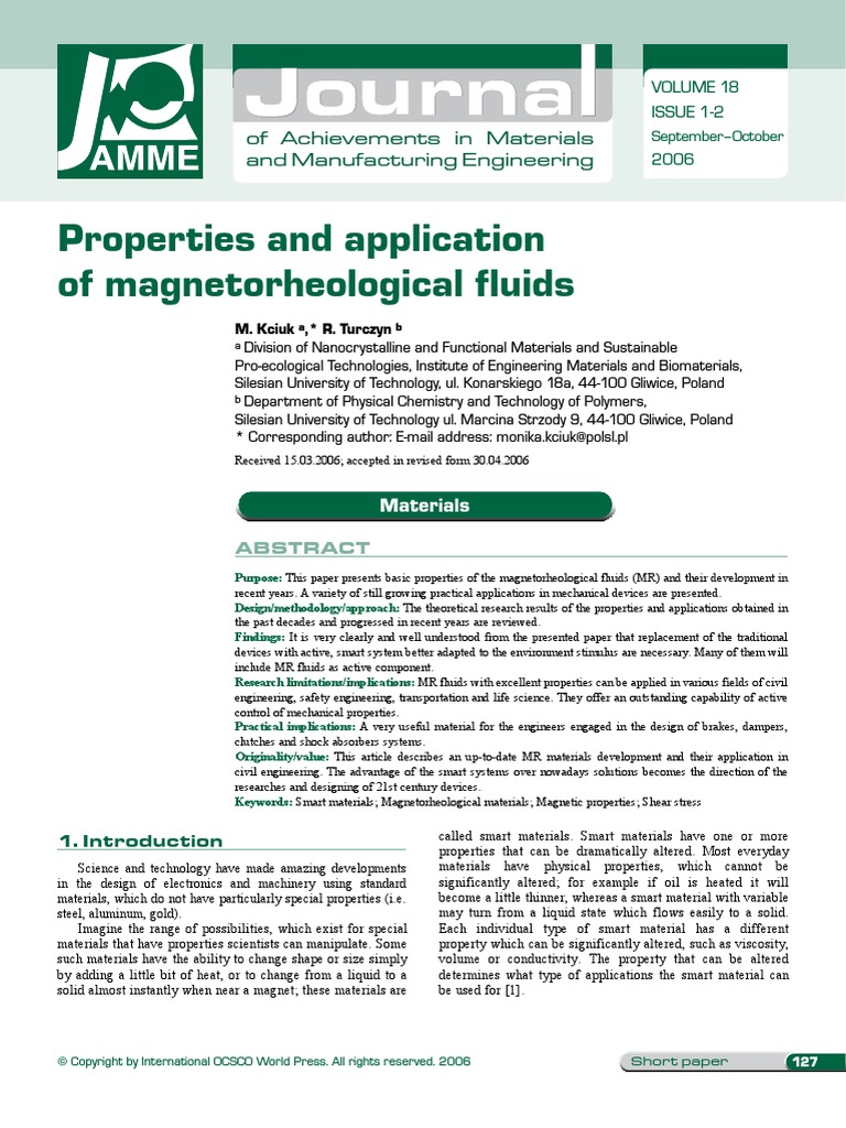 Properties and Application of Magnetorheological Fluids | PDF