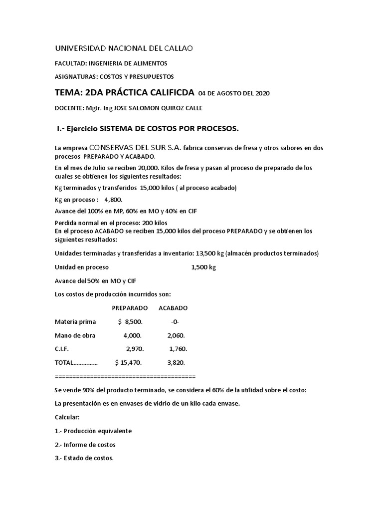 Ejercicios de Costos y Presupuestos 2020 | PDF | Presupuesto | Economias