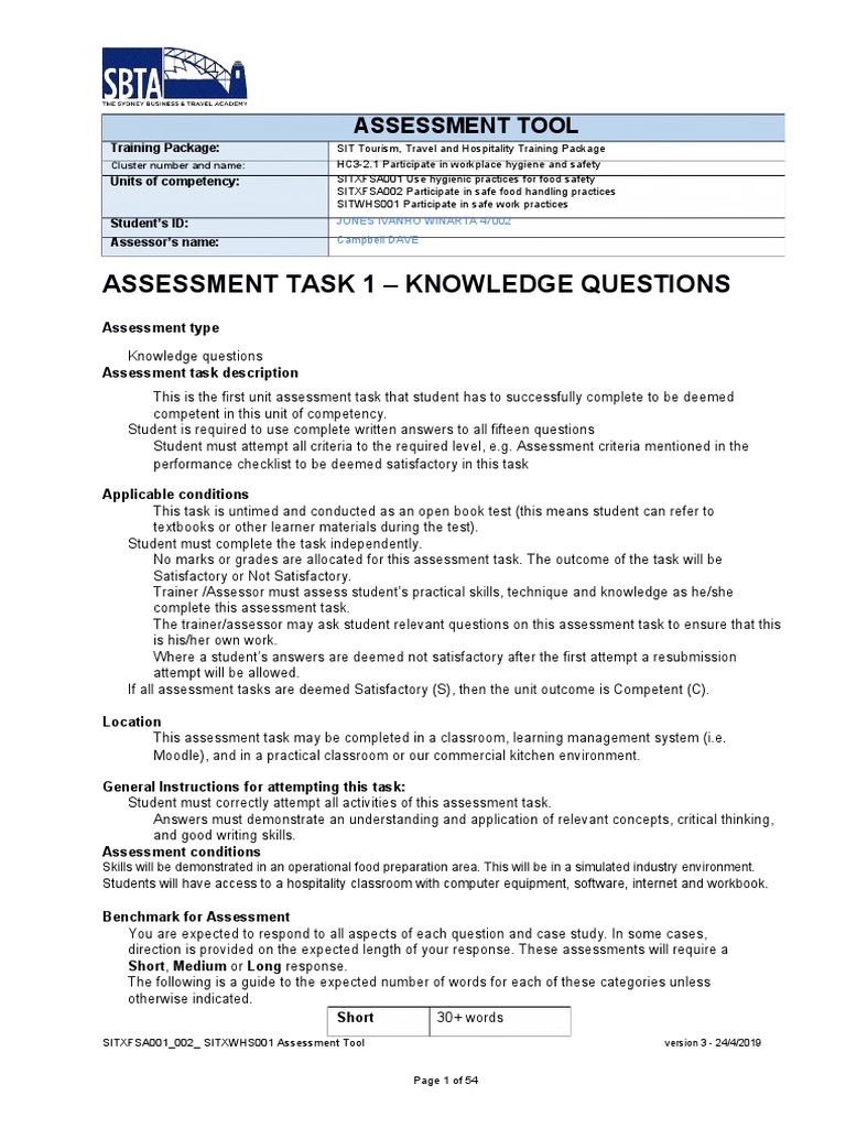 Assessment Task 1 - Knowledge Questions | PDF | Hygiene | Educational ...