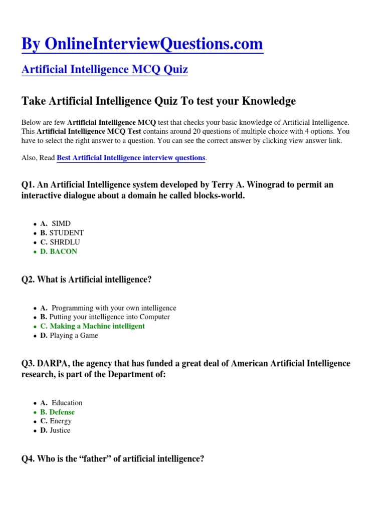 Artificial Intelligence MCQ PDF Artificial Intelligence