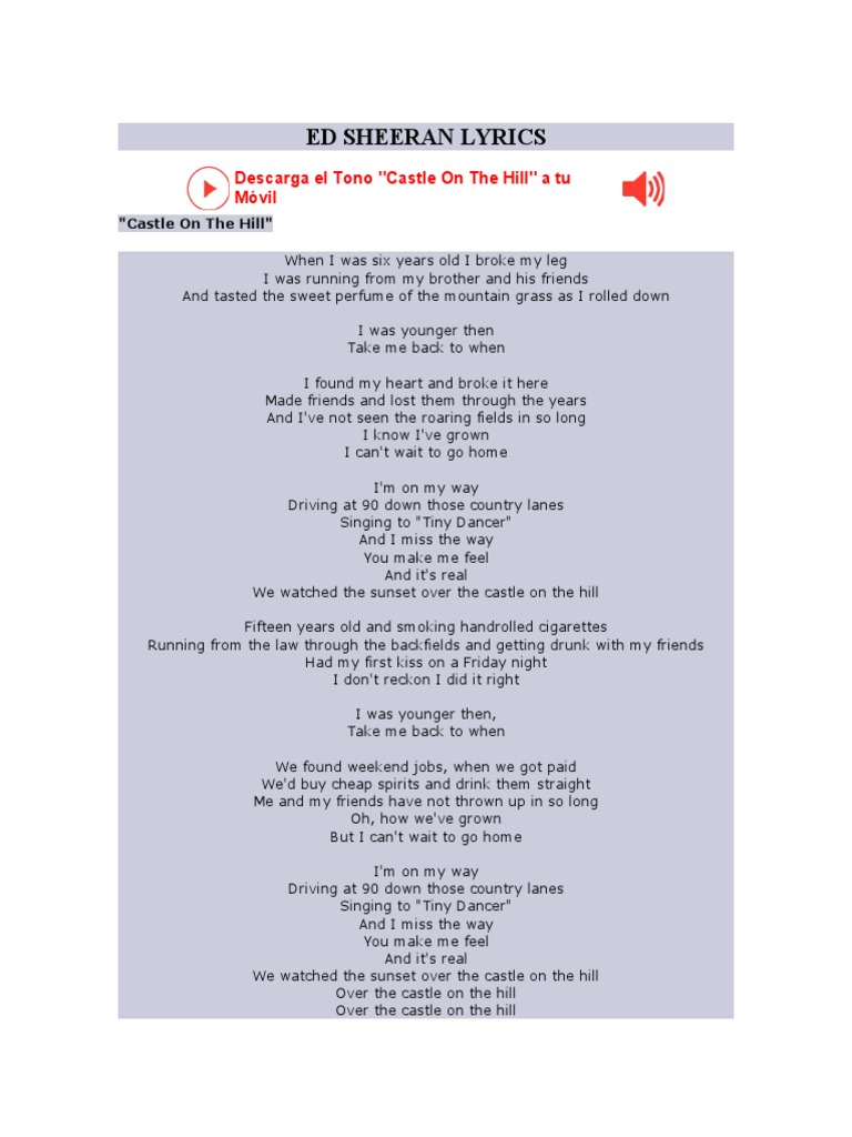 Ed Sheeran Castle On The Hill Paroles ED SHEERAN LYRICS Castle On The Hill | PDF