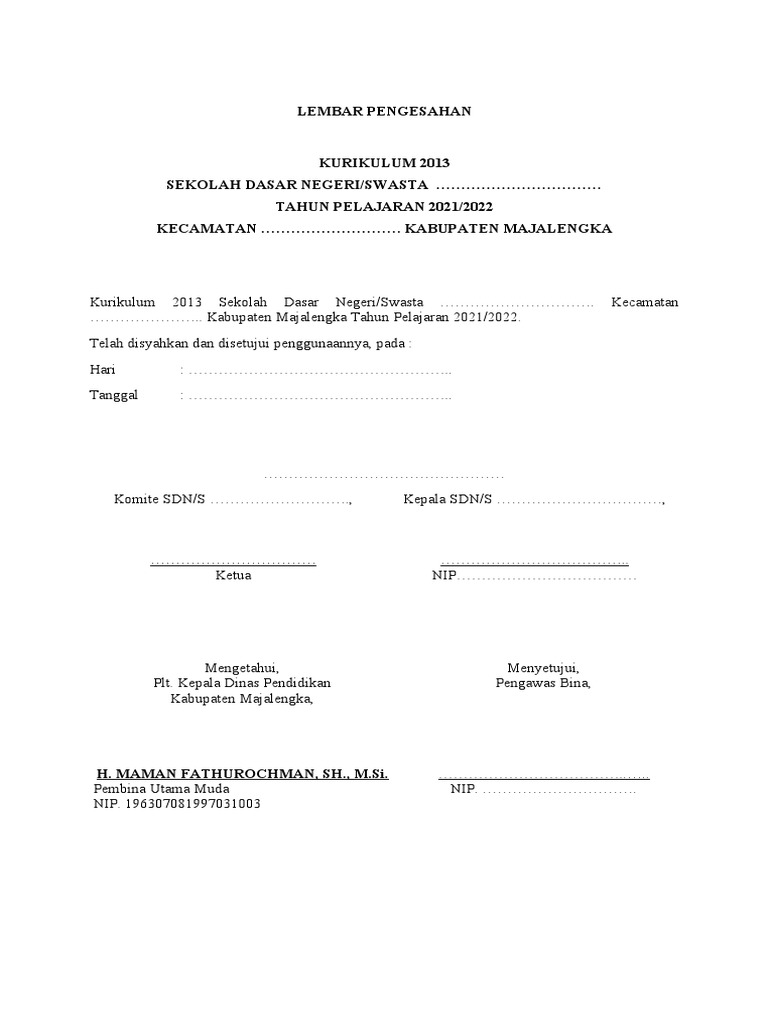 Lembar Pengesahan Kurikulum 2013 | PDF