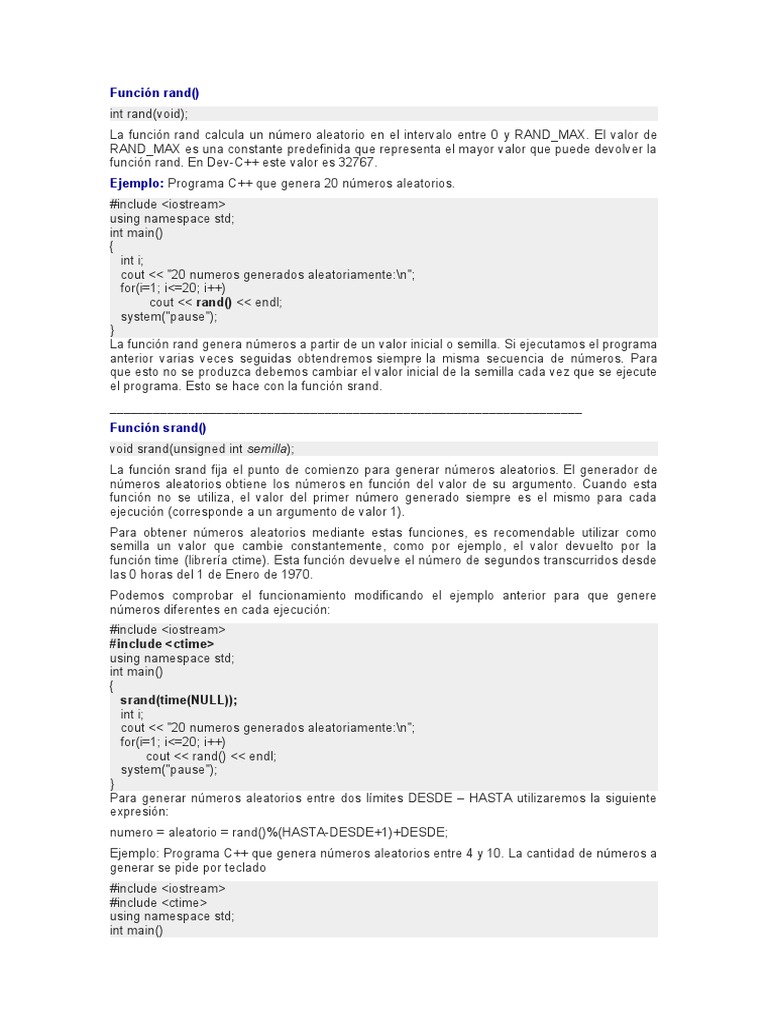 Uso de rand() y srand() en C++ | PDF | C ++ | Desarrollo de software