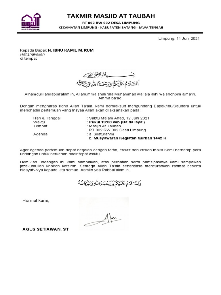 Surat Undangan Rapat Masjid at Taubah | PDF