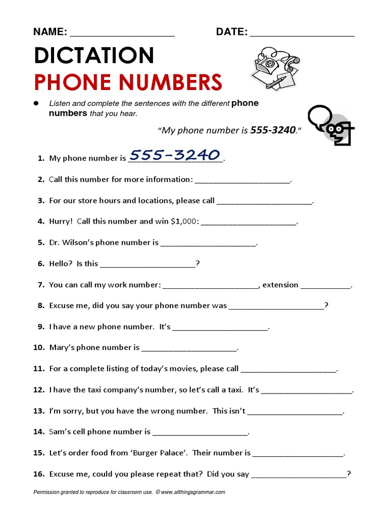 Phone Numbers Dictation Exercise | PDF