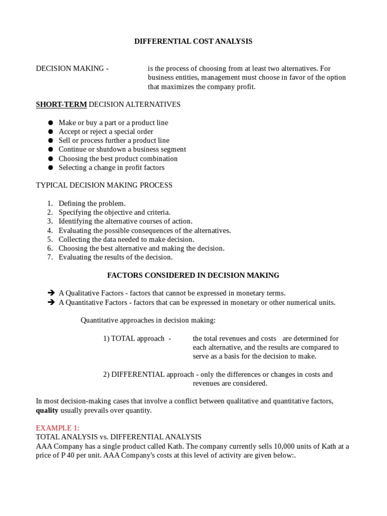 Differential Cost Analysis PDF Decision Making Cost