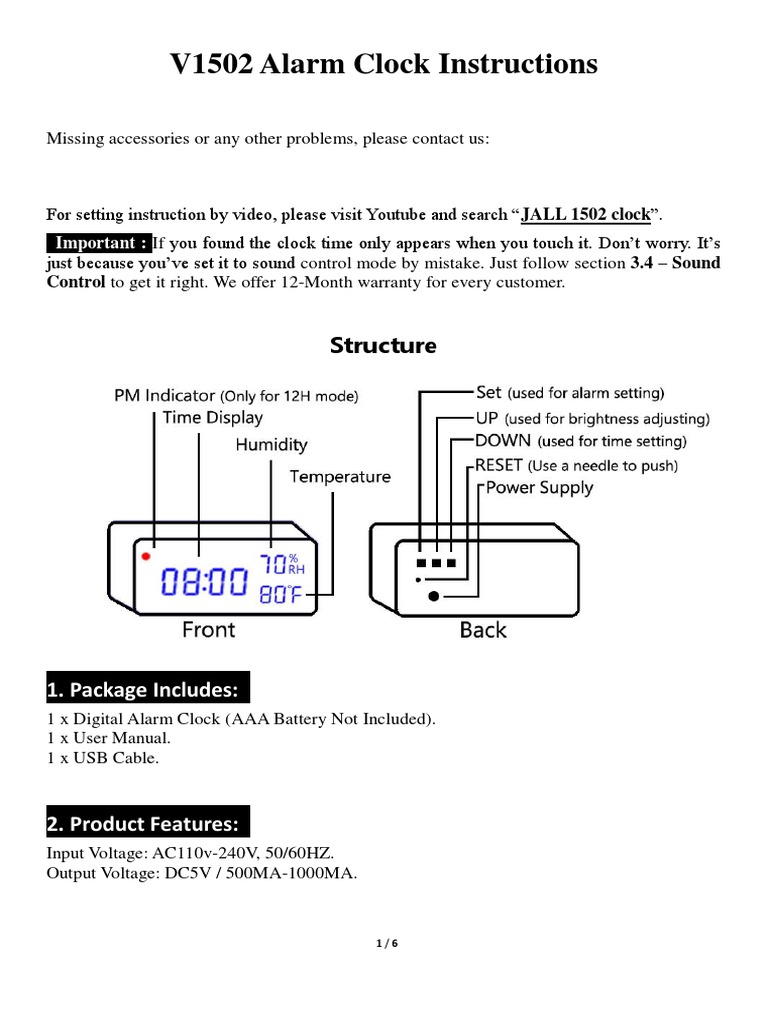 V1502 Alarm Clock Instructions Structure PDF Clock Electronics
