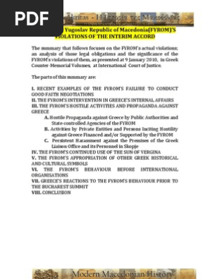 The Former Yugoslav Of Republic Macedonia Fyrom S Violations Of The Interim Accord Pdf Republic Of Macedonia International Relations
