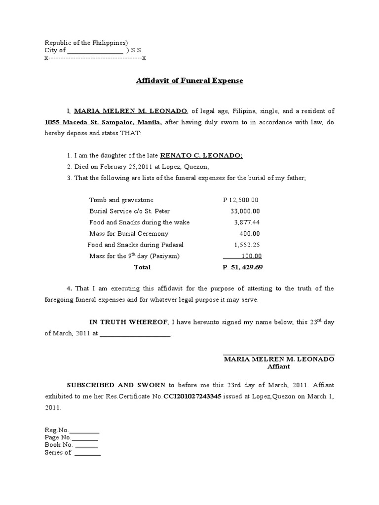 Affidavit Of Funeral Expense