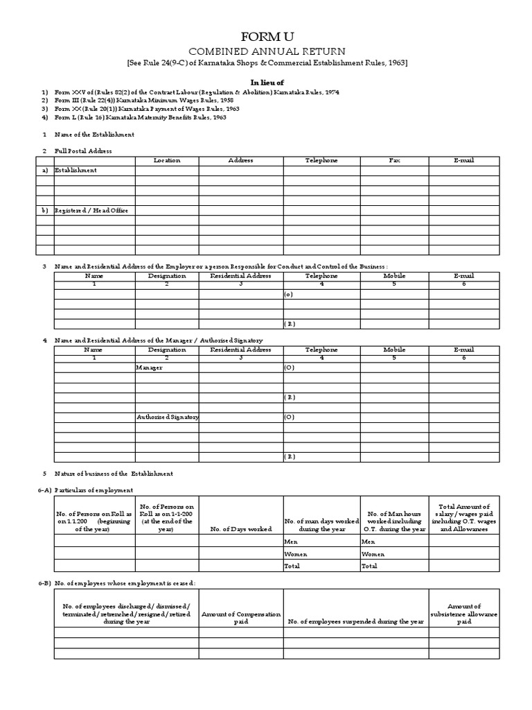Karnataka Form U Combined Annual Return | PDF | Wage | Employment