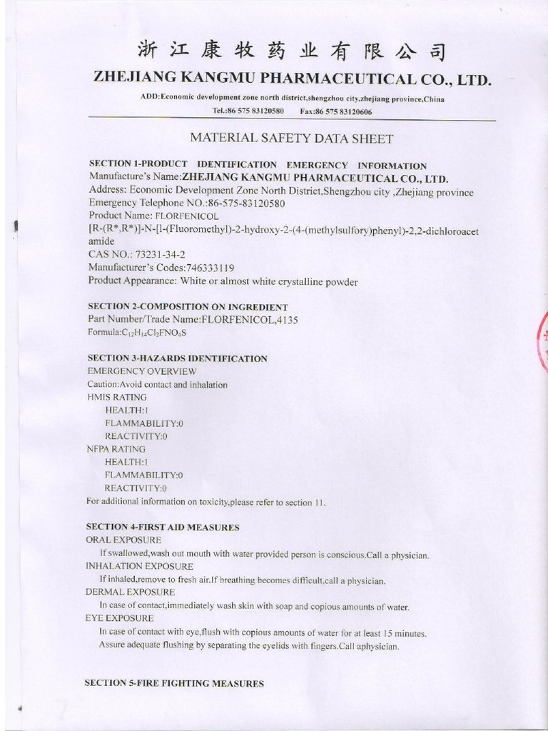 MSDS+TDS of Florfenicol Factory | PDF