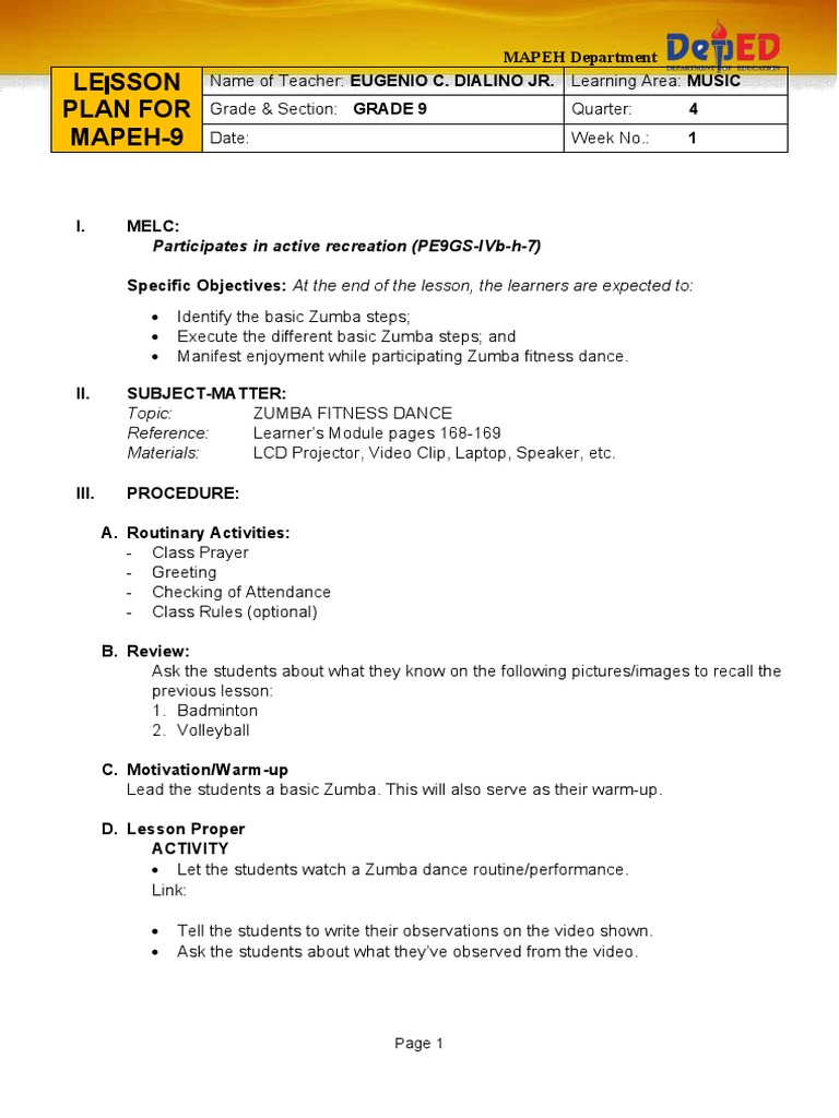 Q4 Cot Pe 9 Zumba Fitness Dance Pdf Rubric Academic Dances