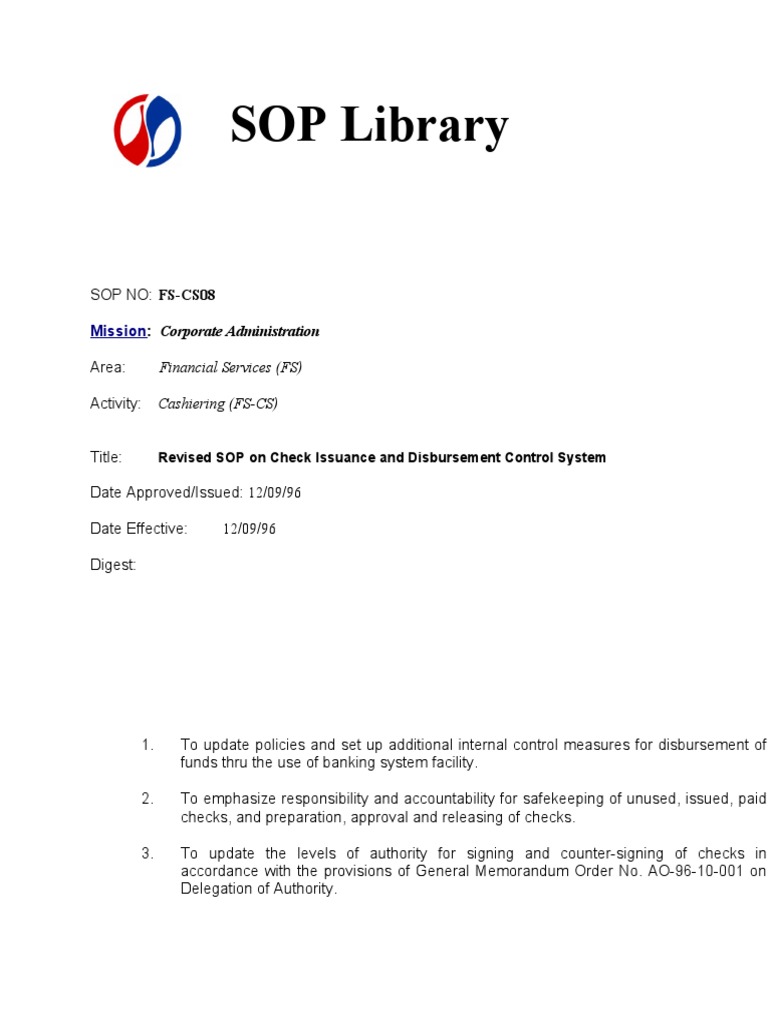 FSCS08 Rev Sop On Check Issurance | PDF | Cheque | Payments