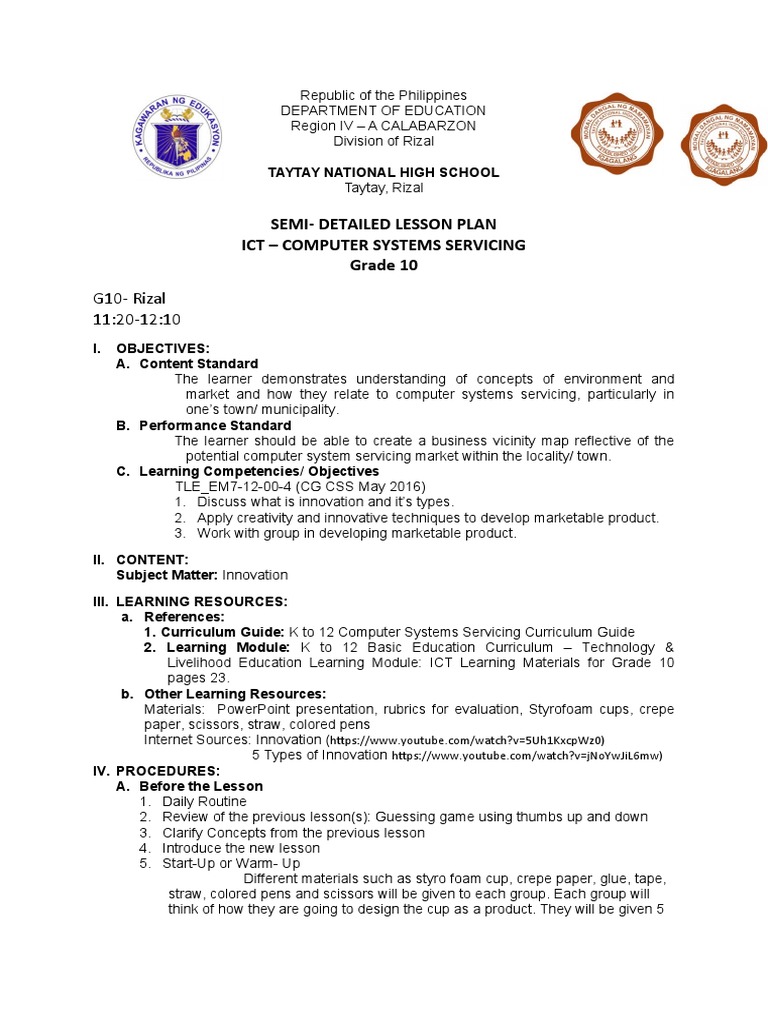 Semi-Detailed Lesson Plan Ict - Computer Systems Servicing Grade 10 | PDF