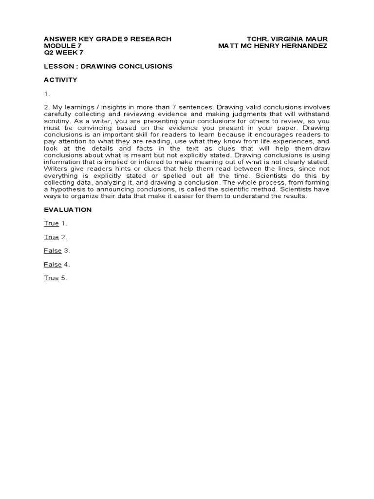 Answer Key Grade 9 Research Module 7 q2 Week 7 PDF