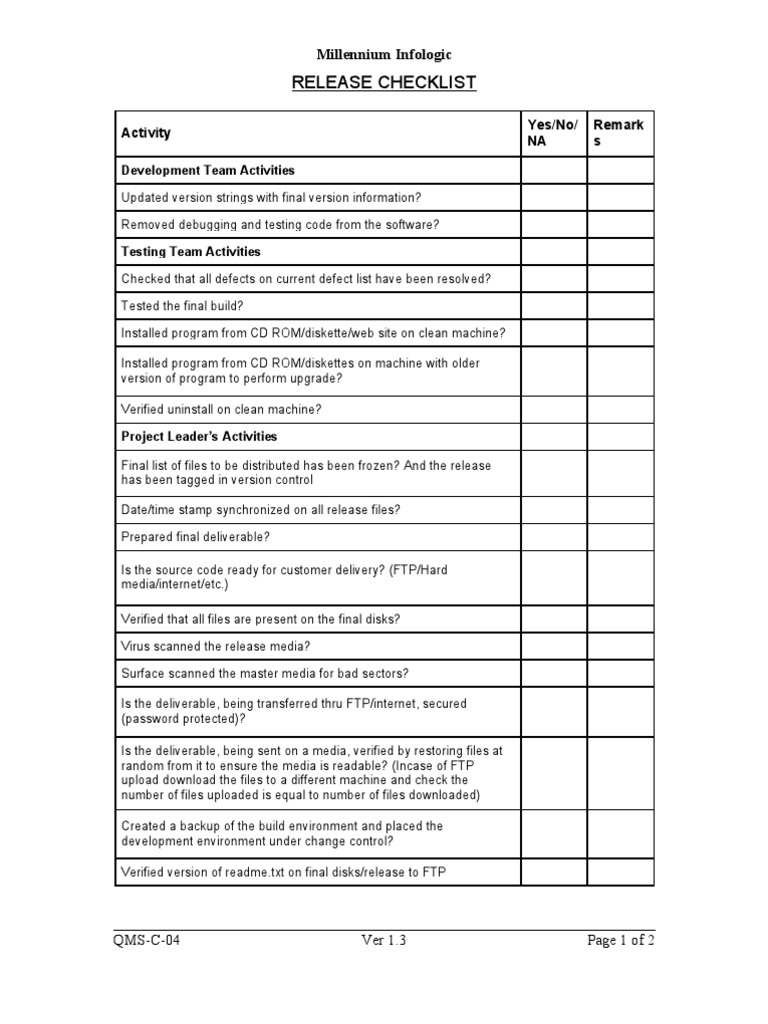 Software Release Management Checklist | PDF | Business | Technology ...