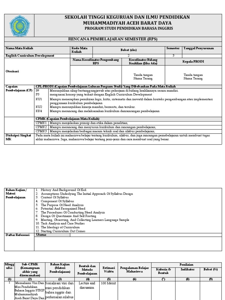 RPS Pembelajaran Bahasa Inggris | PDF
