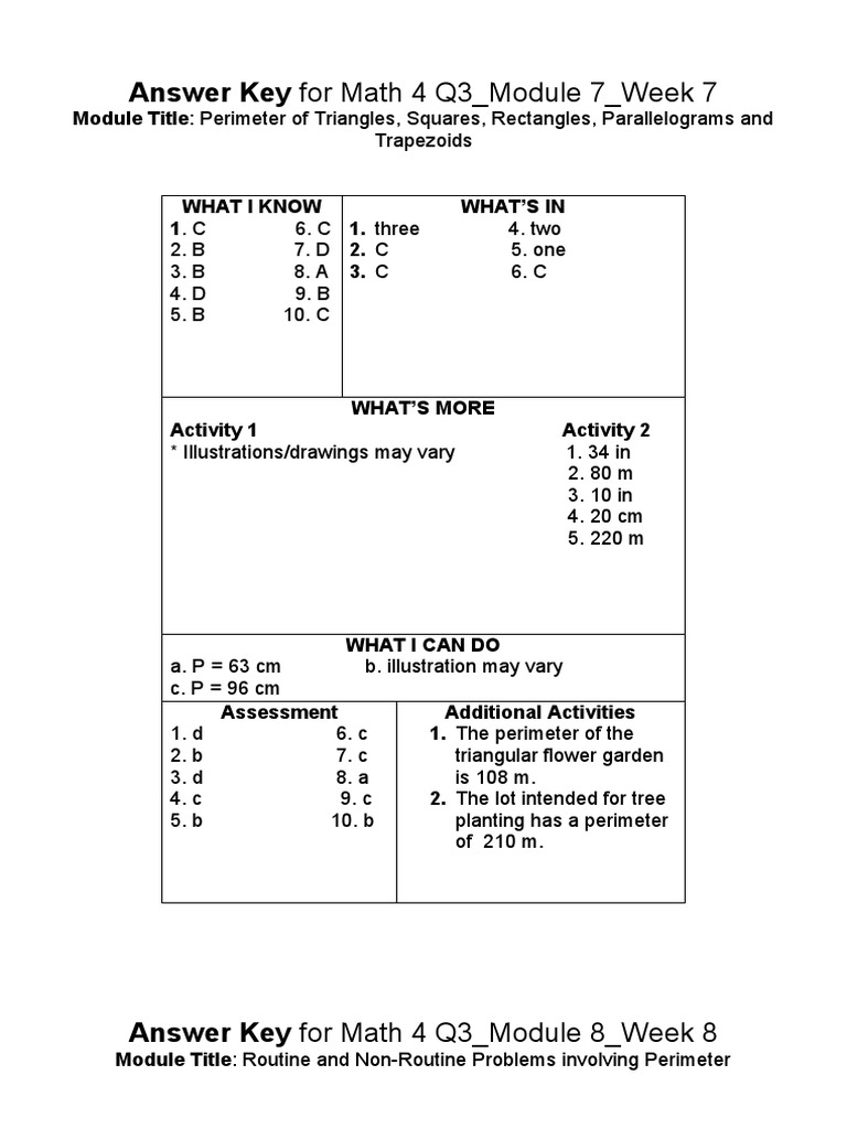 Math 4 Q3 Module 7 Answer Key | PDF | Rectangle | Geometric Objects