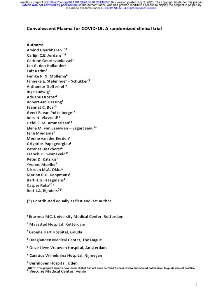 Convalescent Plasma For COVID-19. A Randomized Clinical Trial | PDF ...