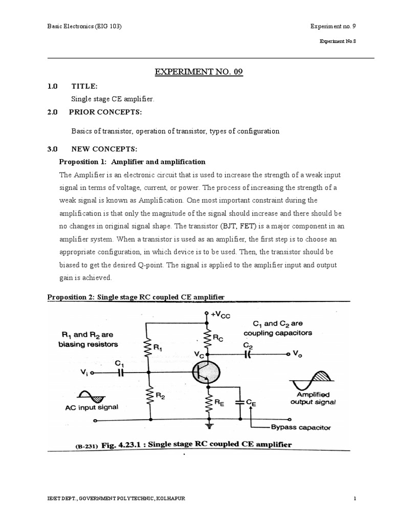 Experiment No. 09 Single Stage CE Amplifier PDF Amplifier Transistor
