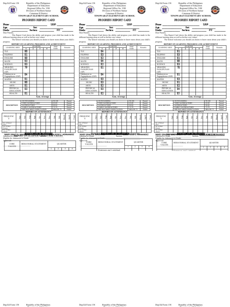 Form 138 Progress Report Card Sample | PDF | Social Institutions ...